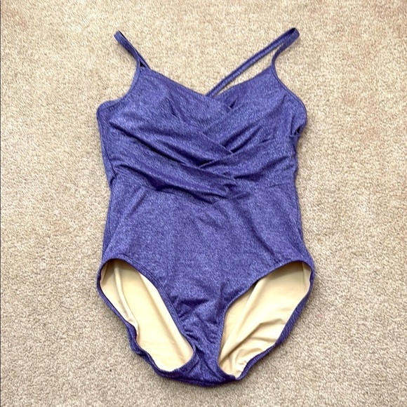Lands' End Cross Back V Neck Ruched Purple Shimmer One Piece Swimsuit Size 12 - Picture 1 of 7